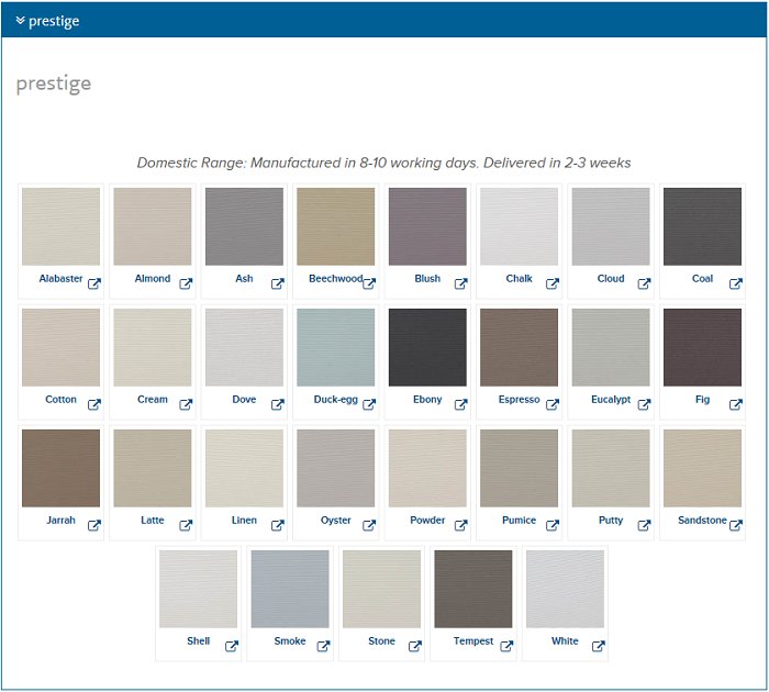 Roller Blind Blockout Prestige Colour Chart